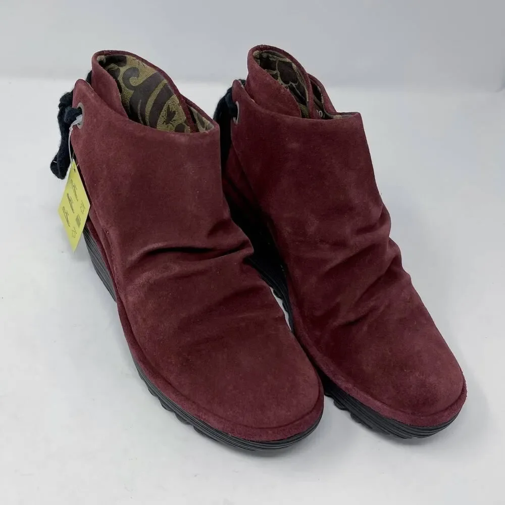 Fly London Women's NEW Yebi Wine Suede Ruched Ankle Booties EU 36 US 5.5 Wedge
